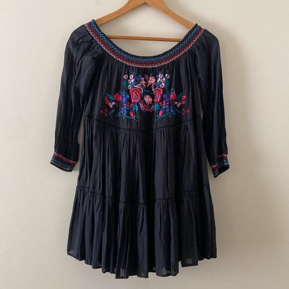 Free People Sunbeams Mini Dress Embroidered Boho Off Shoulder Flowy Black Small - Picture 14 of 14